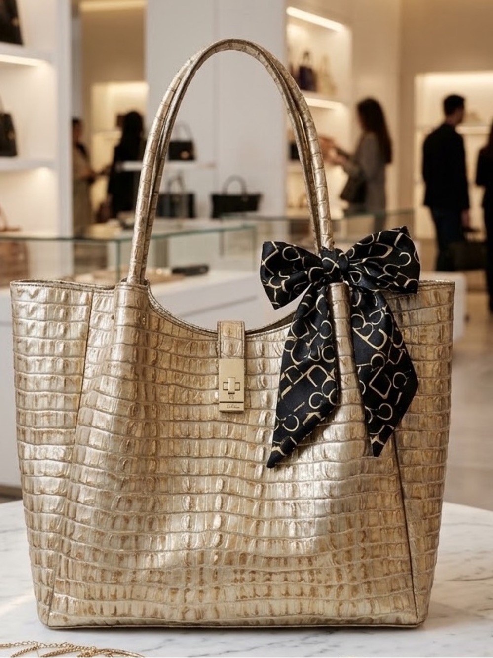 Brahmin Metallic Gold Croc-Embossed Leather Open Tote Bag with Turnlock Closure